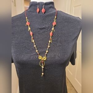 Elegant Red and Gold Necklace & Pierced Earrings Set